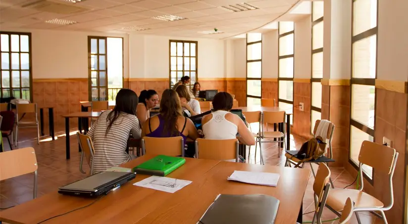 Sala de estudio en UCAM con mesas, sillas ergonómicas y áreas de trabajo grupal, diseñada para facilitar el aprendizaje y la investigación de los alumnos del
