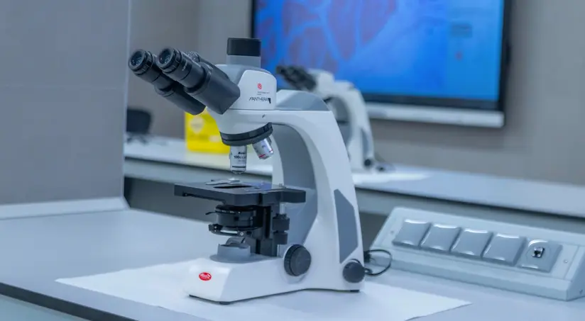 Sala de microscopios en UCAM equipada con microscopios avanzados y herramientas de análisis para formación académica para el