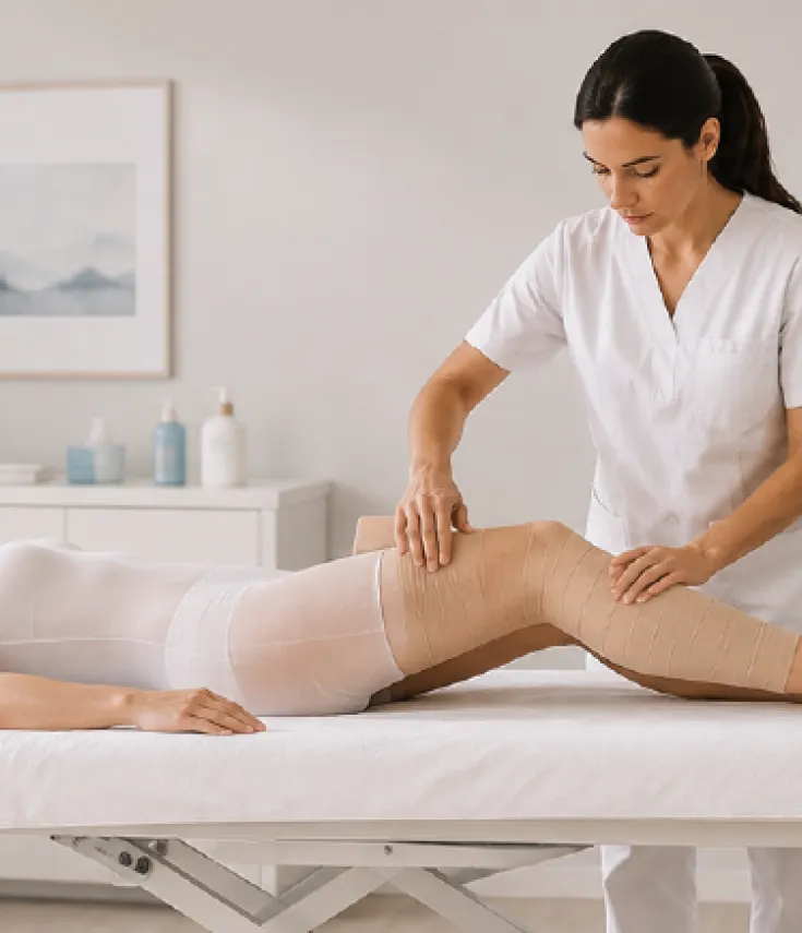 Fisioterapeuta realizando vendaje multicapa y drenaje linfático en la pierna de una paciente en el Curso de Fisioterapia Dermatofuncional de la UCAM