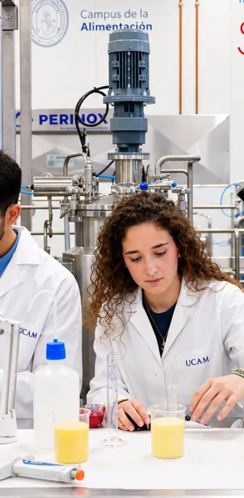 Investigadores de la UCAM analizando alimentos en el laboratorio de ciencia y tecnología de alimentos.