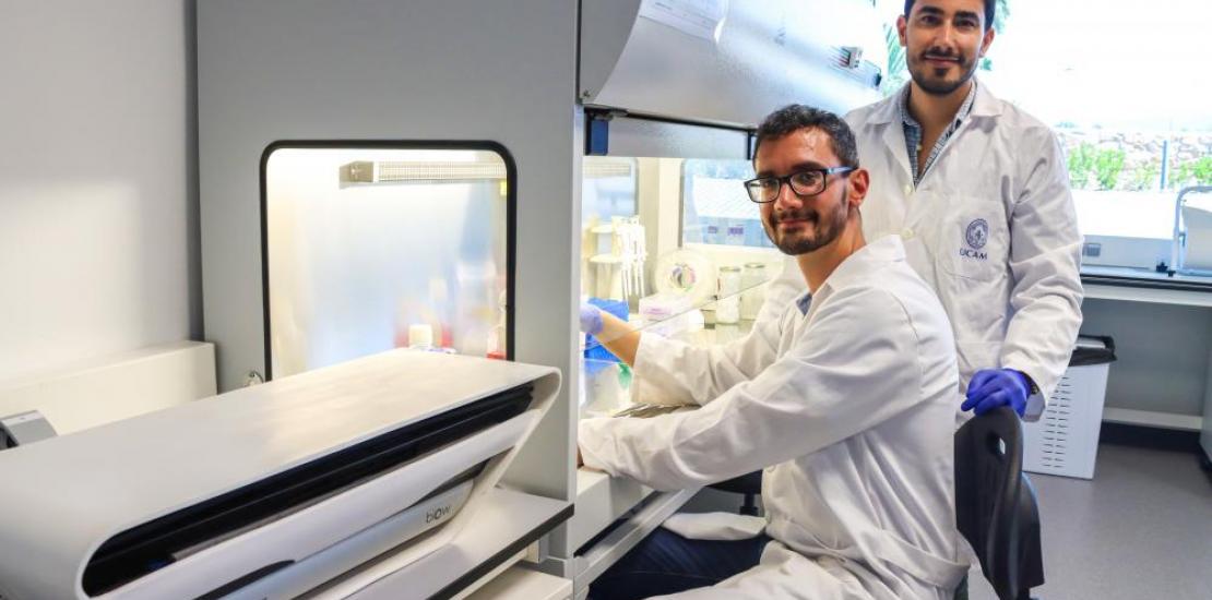 Los doctores Rubén Rabadán y Rubén Zapata trabajan sobre regeneración celular, tras instalar en el UCAM HiTech, la Unidad de Regeneración Celular Biow.