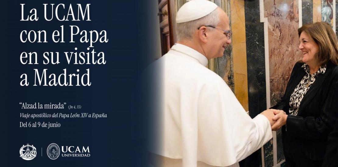 León XIV en su primer encuentro con María Dolores García, presidenta de la UCAM
