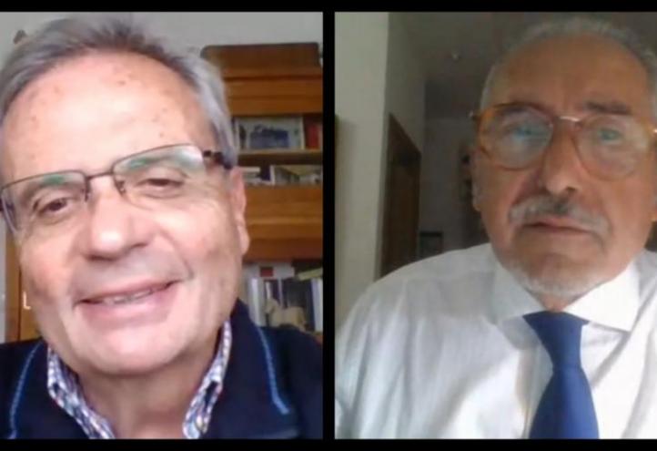  A la izquierda, Rafael Matesanz, fundador de la Organización Nacional de Trasplantes, y a la derecha, Mariano Guerrero, director del Máster en Gestión y Planificación de Servicios Sanitarios, durante la clase online de este postgrado