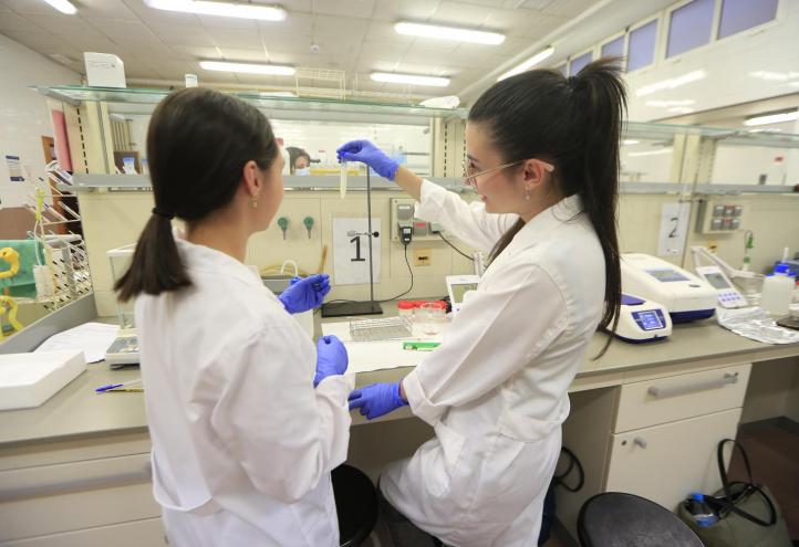 Estudiantes del Grado en Nutrición Humana y Dietética de la UCAM durante una práctica en uno de los laboratorios del Campus de Murcia. 