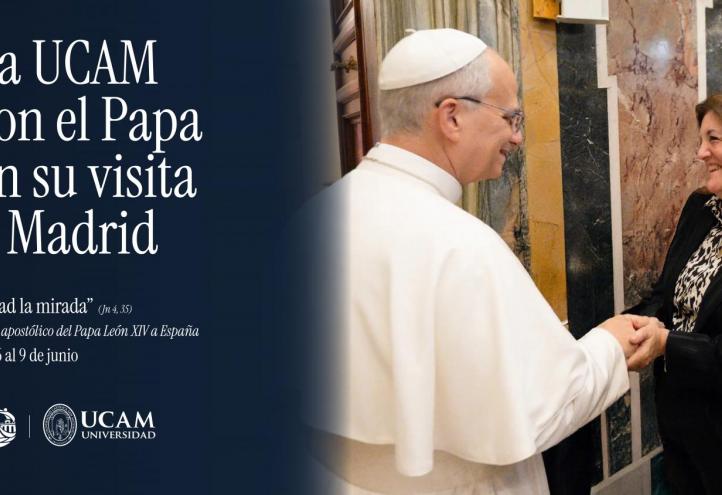 León XIV en su primer encuentro con María Dolores García, presidenta de la UCAM