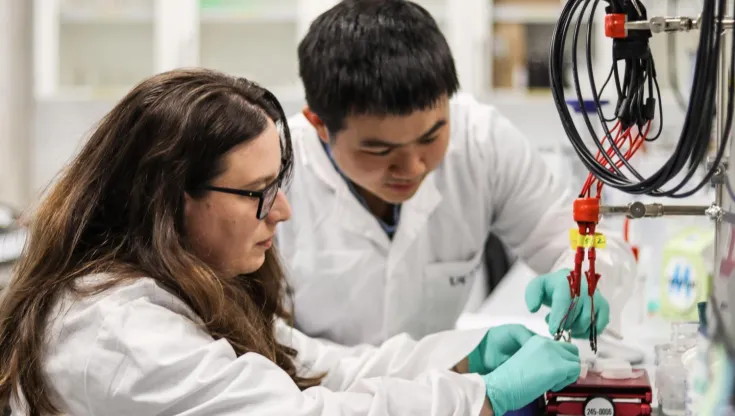 Águeda Molinero y Qianyu Wang trabajando en el desarrollo del sensor en uno de los laboratorios de UCAM HiTech.